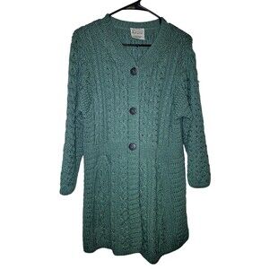 Kilronan Wool Cardigan Button Front Womens M green Cable Knit 3/4 Sleeve Chunky
